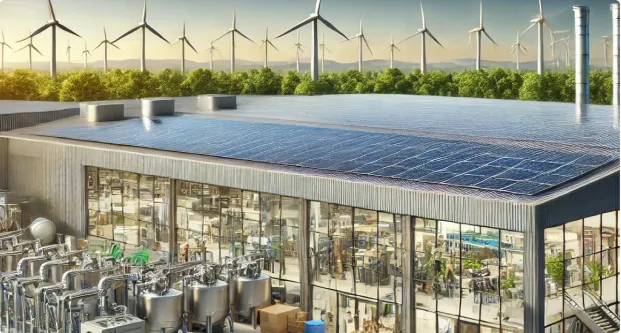 Modern manufacturing facility with solar panels on the roof and wind turbines in the background, symbolising sustainable energy practices in manufacturing.